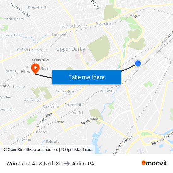 Woodland Av & 67th St to Aldan, PA map