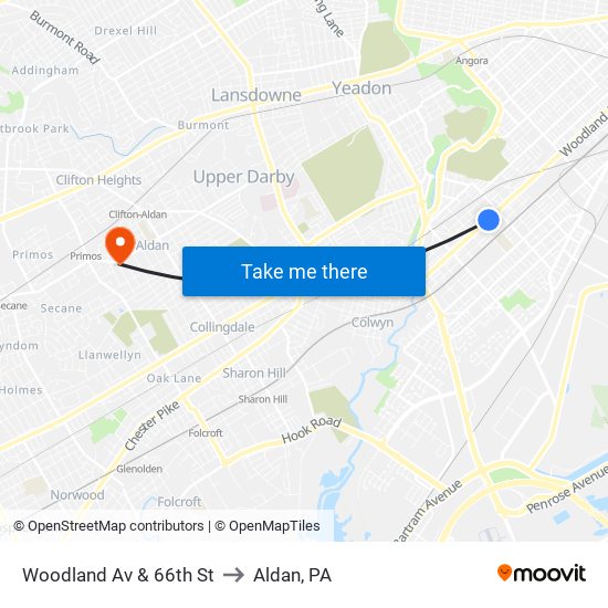 Woodland Av & 66th St to Aldan, PA map