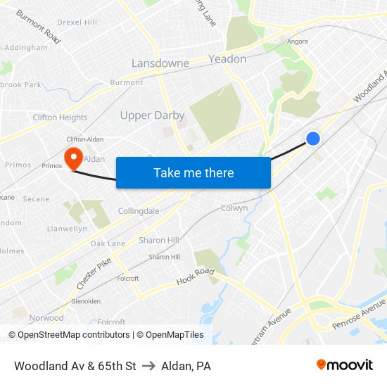 Woodland Av & 65th St to Aldan, PA map