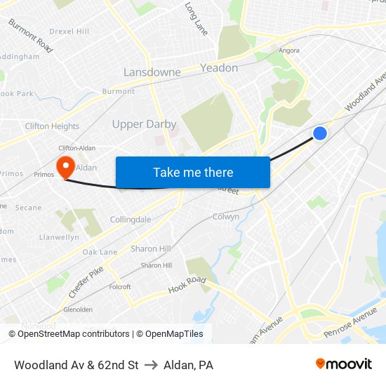 Woodland Av & 62nd St to Aldan, PA map