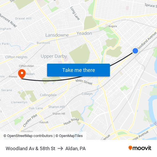 Woodland Av & 58th St to Aldan, PA map