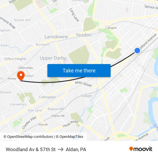 Woodland Av & 57th St to Aldan, PA map