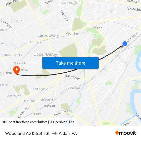 Woodland Av & 55th St to Aldan, PA map