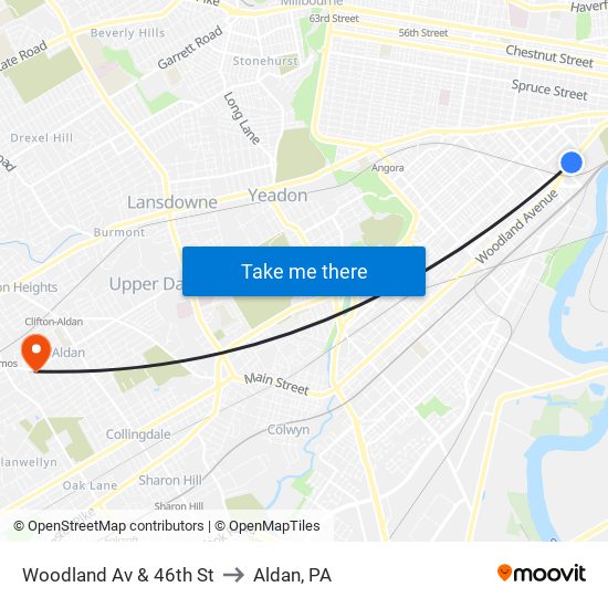 Woodland Av & 46th St to Aldan, PA map