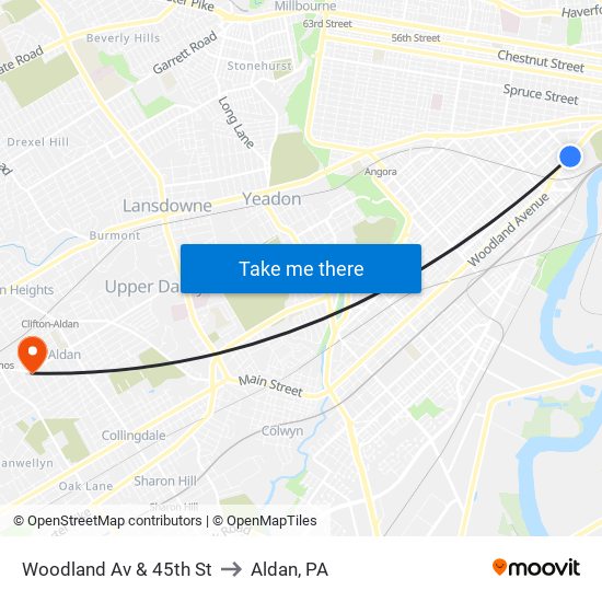 Woodland Av & 45th St to Aldan, PA map