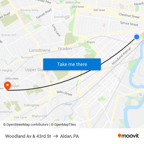 Woodland Av & 43rd St to Aldan, PA map