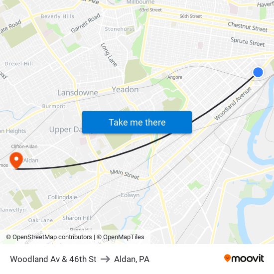 Woodland Av & 46th St to Aldan, PA map