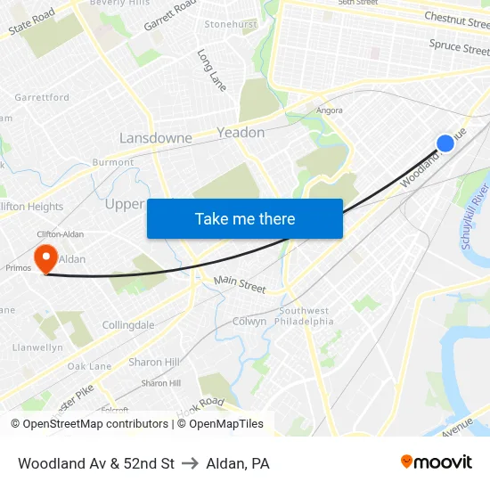 Woodland Av & 52nd St to Aldan, PA map