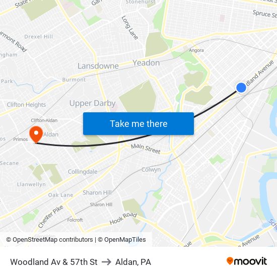 Woodland Av & 57th St to Aldan, PA map