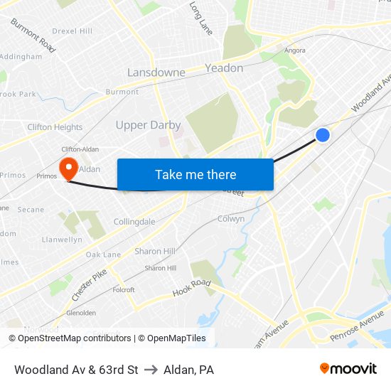Woodland Av & 63rd St to Aldan, PA map