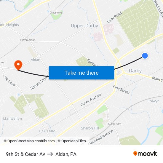 9th St & Cedar Av to Aldan, PA map