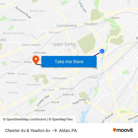 Chester Av & Yeadon Av to Aldan, PA map