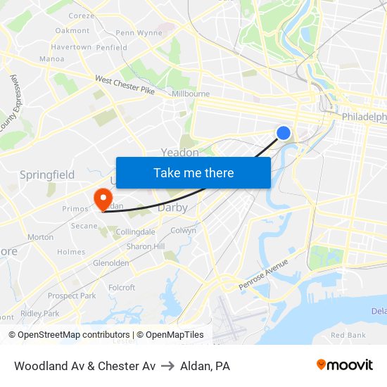 Woodland Av & Chester Av to Aldan, PA map