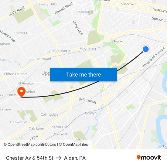 Chester Av & 54th St to Aldan, PA map