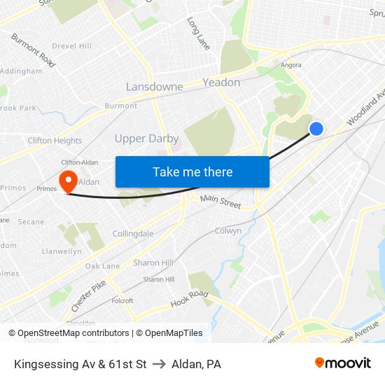 Kingsessing Av & 61st St to Aldan, PA map