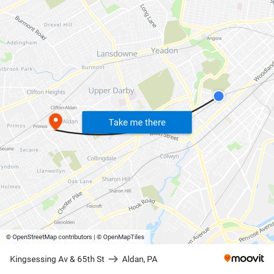 Kingsessing Av & 65th St to Aldan, PA map