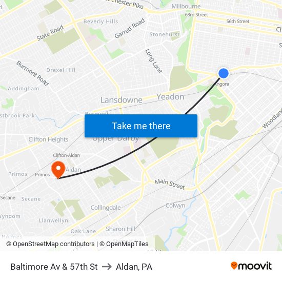 Baltimore Av & 57th St to Aldan, PA map