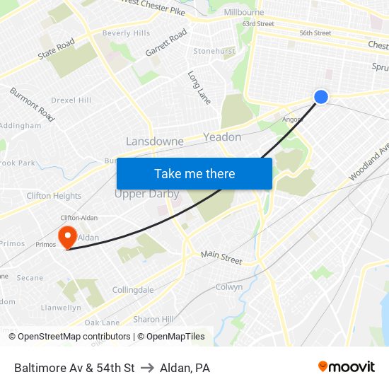 Baltimore Av & 54th St to Aldan, PA map