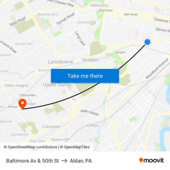 Baltimore Av & 50th St to Aldan, PA map