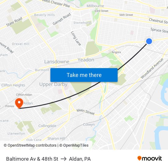 Baltimore Av & 48th St to Aldan, PA map