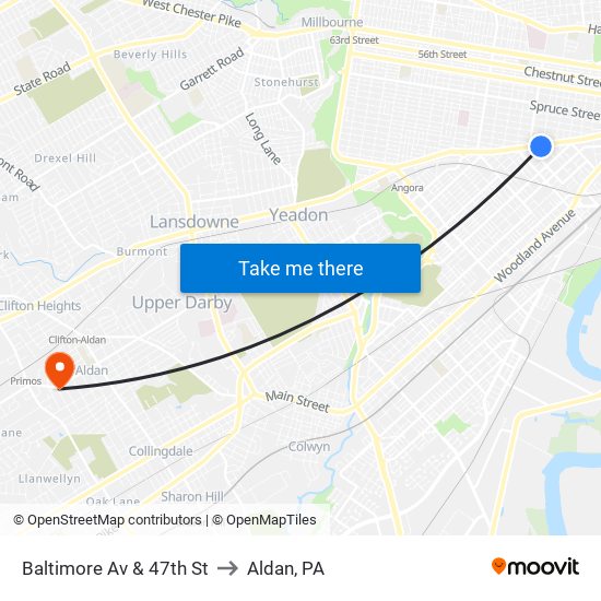Baltimore Av & 47th St to Aldan, PA map