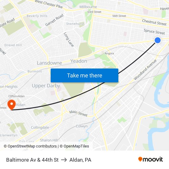 Baltimore Av & 44th St to Aldan, PA map