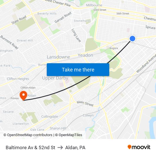 Baltimore Av & 52nd St to Aldan, PA map