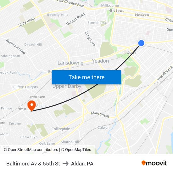 Baltimore Av & 55th St to Aldan, PA map