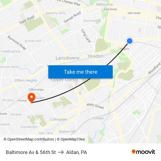 Baltimore Av & 56th St to Aldan, PA map