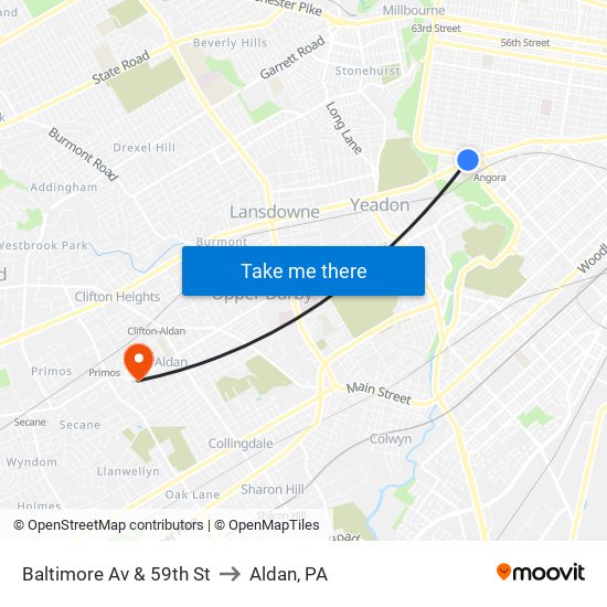 Baltimore Av & 59th St to Aldan, PA map