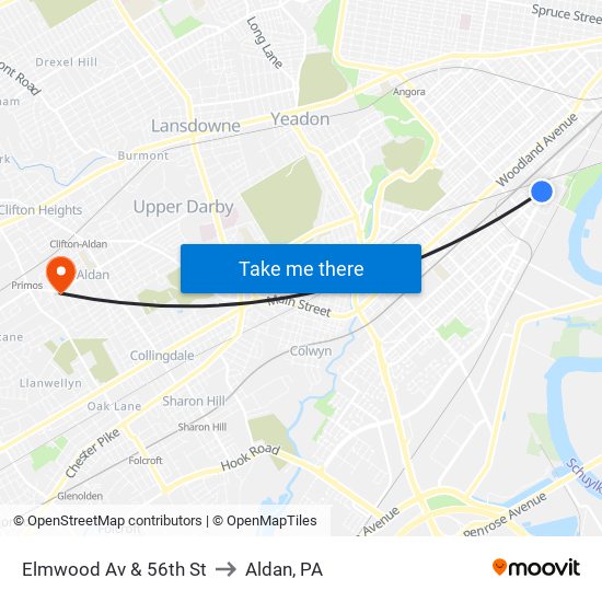 Elmwood Av & 56th St to Aldan, PA map