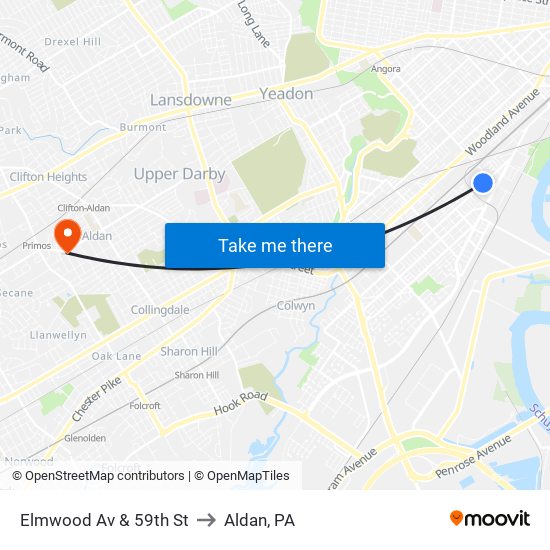 Elmwood Av & 59th St to Aldan, PA map