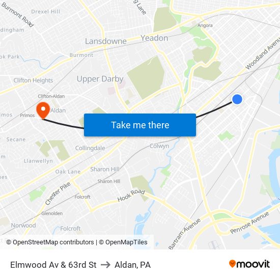 Elmwood Av & 63rd St to Aldan, PA map