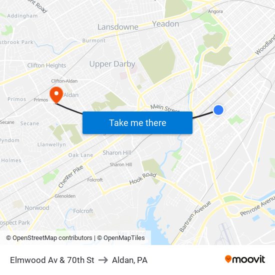 Elmwood Av & 70th St to Aldan, PA map