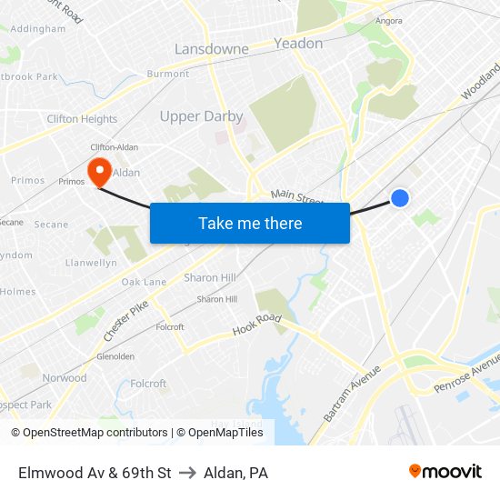 Elmwood Av & 69th St to Aldan, PA map