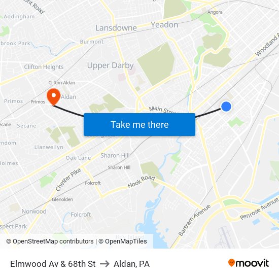 Elmwood Av & 68th St to Aldan, PA map