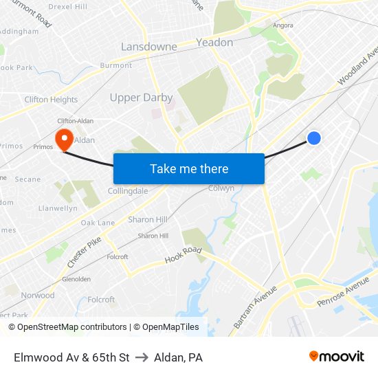 Elmwood Av & 65th St to Aldan, PA map