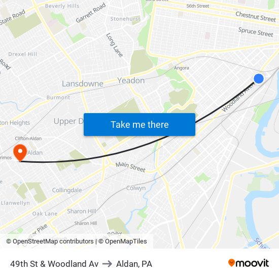 49th St & Woodland Av to Aldan, PA map