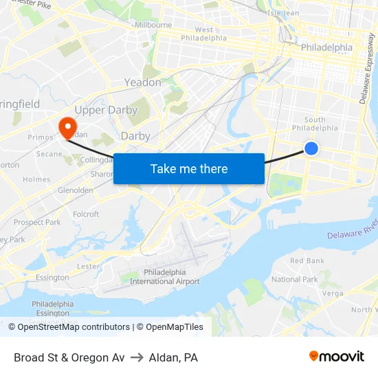 Broad St & Oregon Av to Aldan, PA map