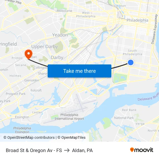 Broad St & Oregon Av - FS to Aldan, PA map