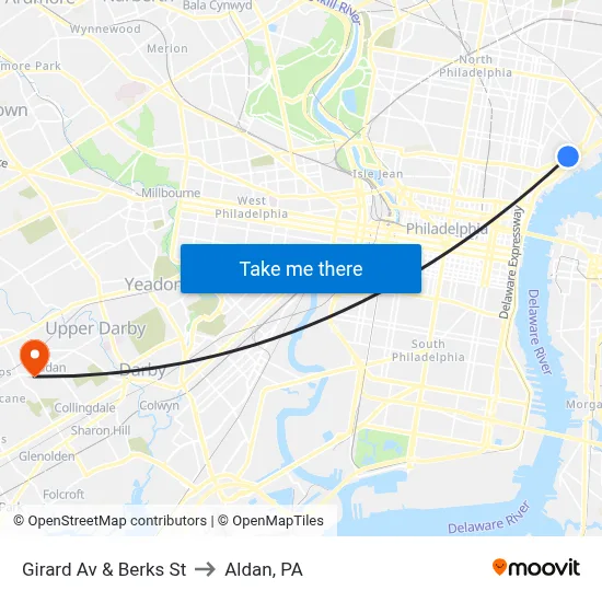 Girard Av & Berks St to Aldan, PA map