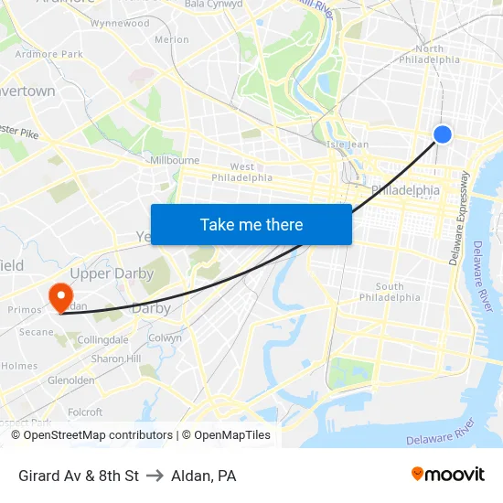 Girard Av & 8th St to Aldan, PA map