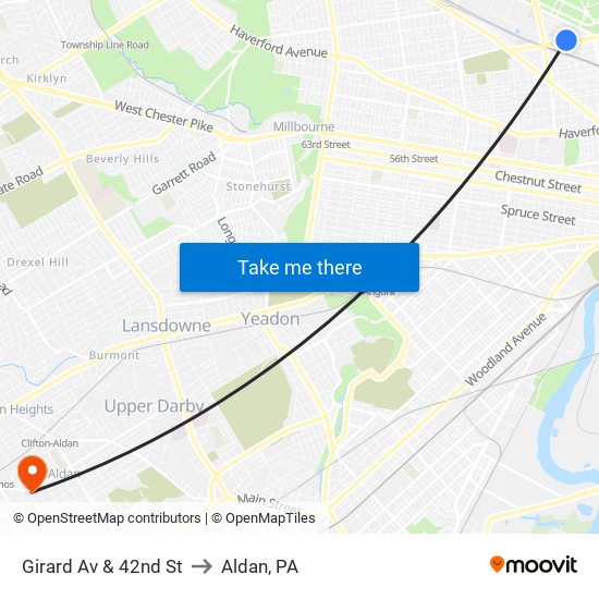 Girard Av & 42nd St to Aldan, PA map