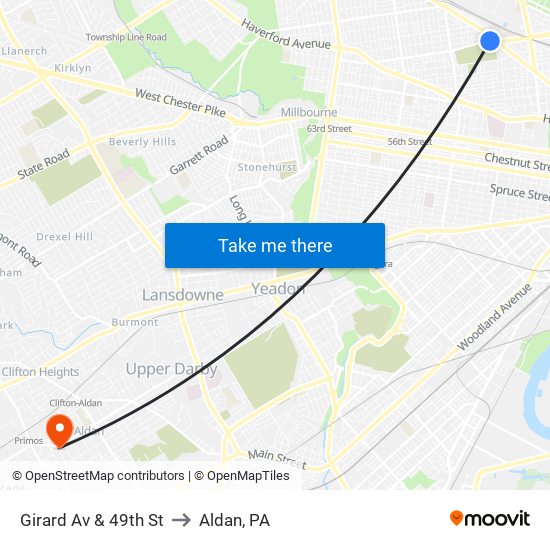 Girard Av & 49th St to Aldan, PA map