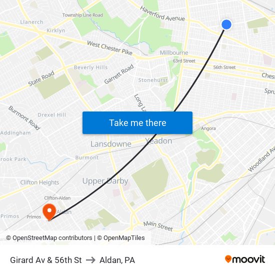 Girard Av & 56th St to Aldan, PA map