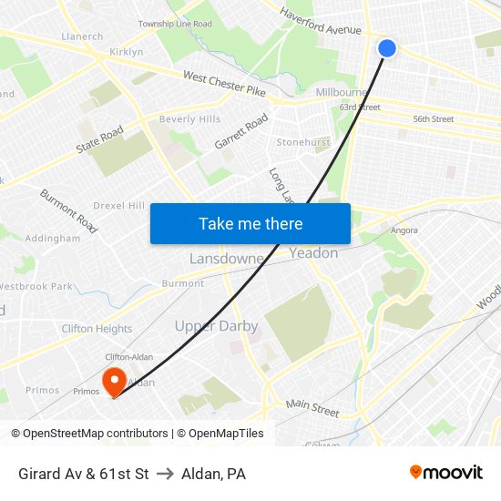 Girard Av & 61st St to Aldan, PA map
