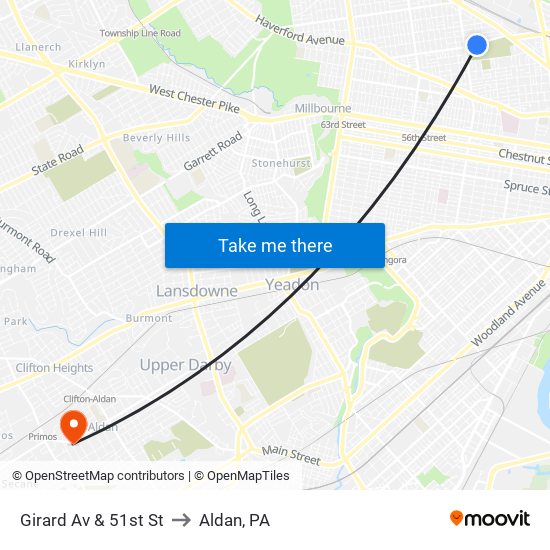 Girard Av & 51st St to Aldan, PA map