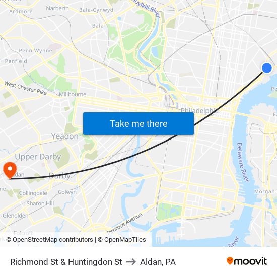 Richmond St & Huntingdon St to Aldan, PA map