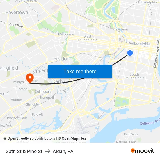 20th St & Pine St to Aldan, PA map