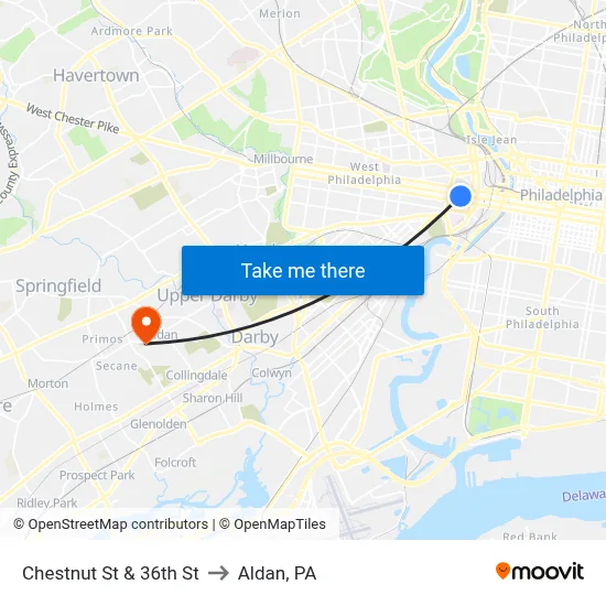 Chestnut St & 36th St to Aldan, PA map